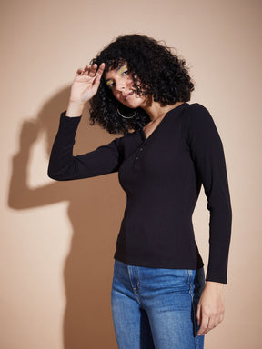 Black Rib V-Neck Regular Top-SASSAFRAS BASICS