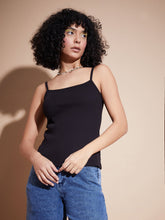 Black Rib Square Neck Strappy Top-SASSAFRAS BASICS