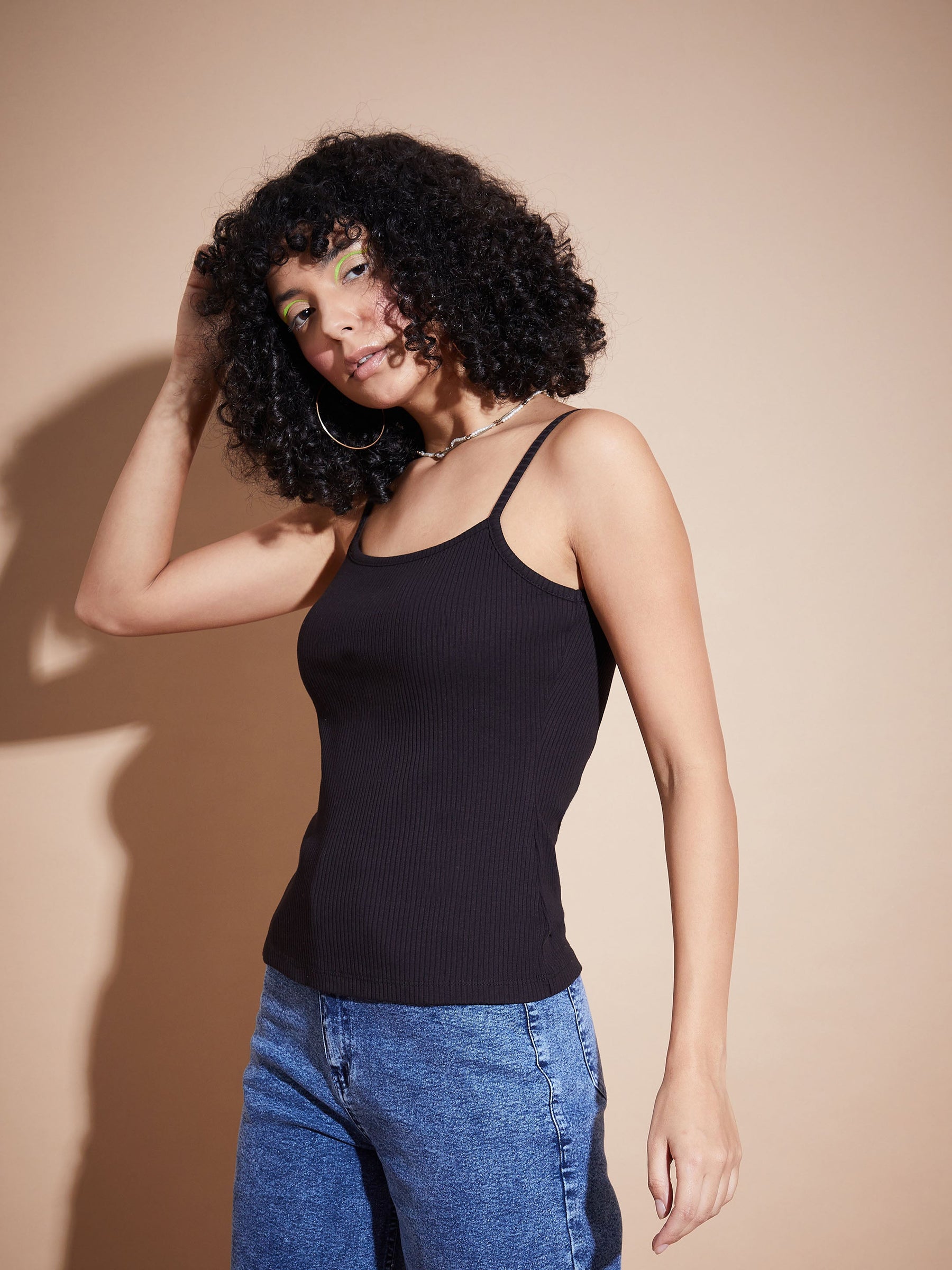 Black Rib Square Neck Strappy Top-SASSAFRAS BASICS