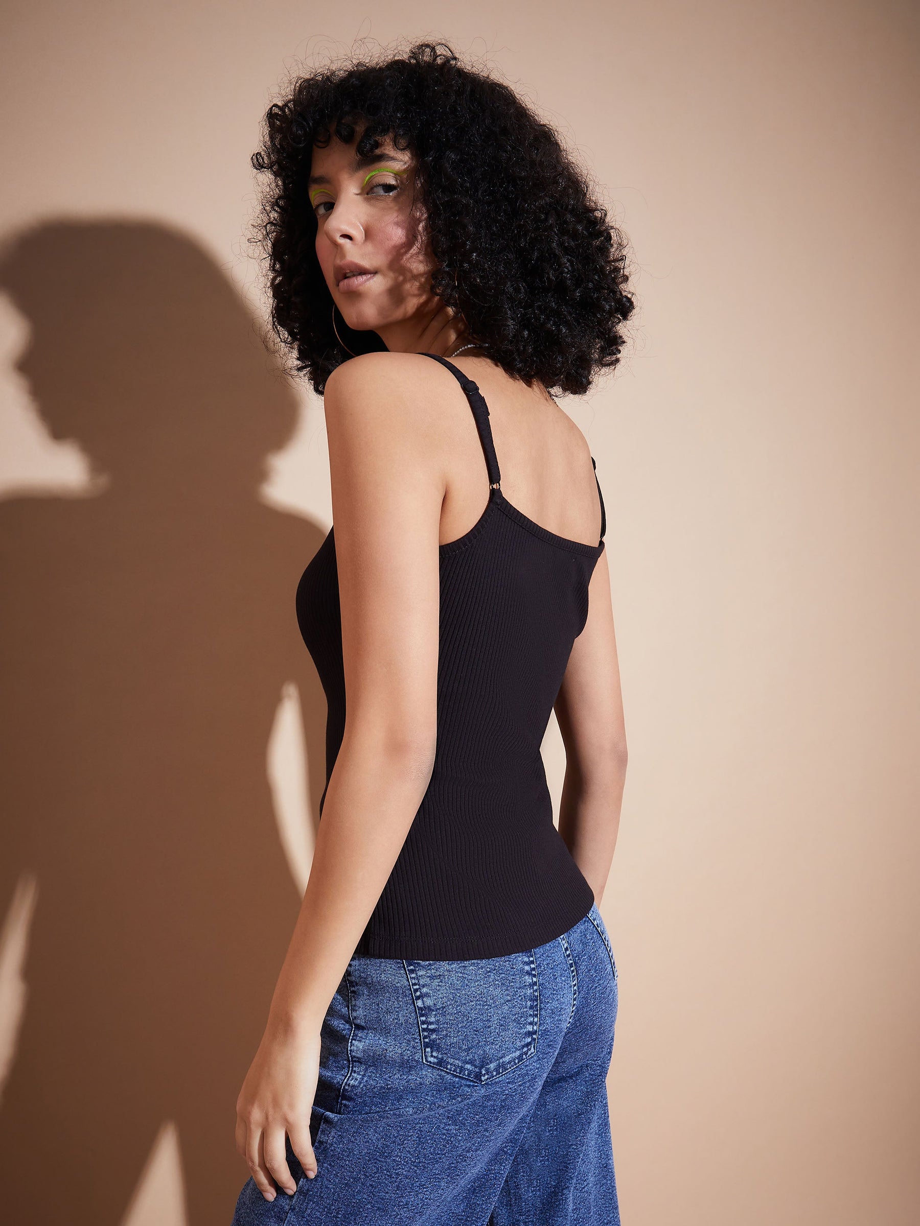 Black Rib Square Neck Strappy Top-SASSAFRAS BASICS