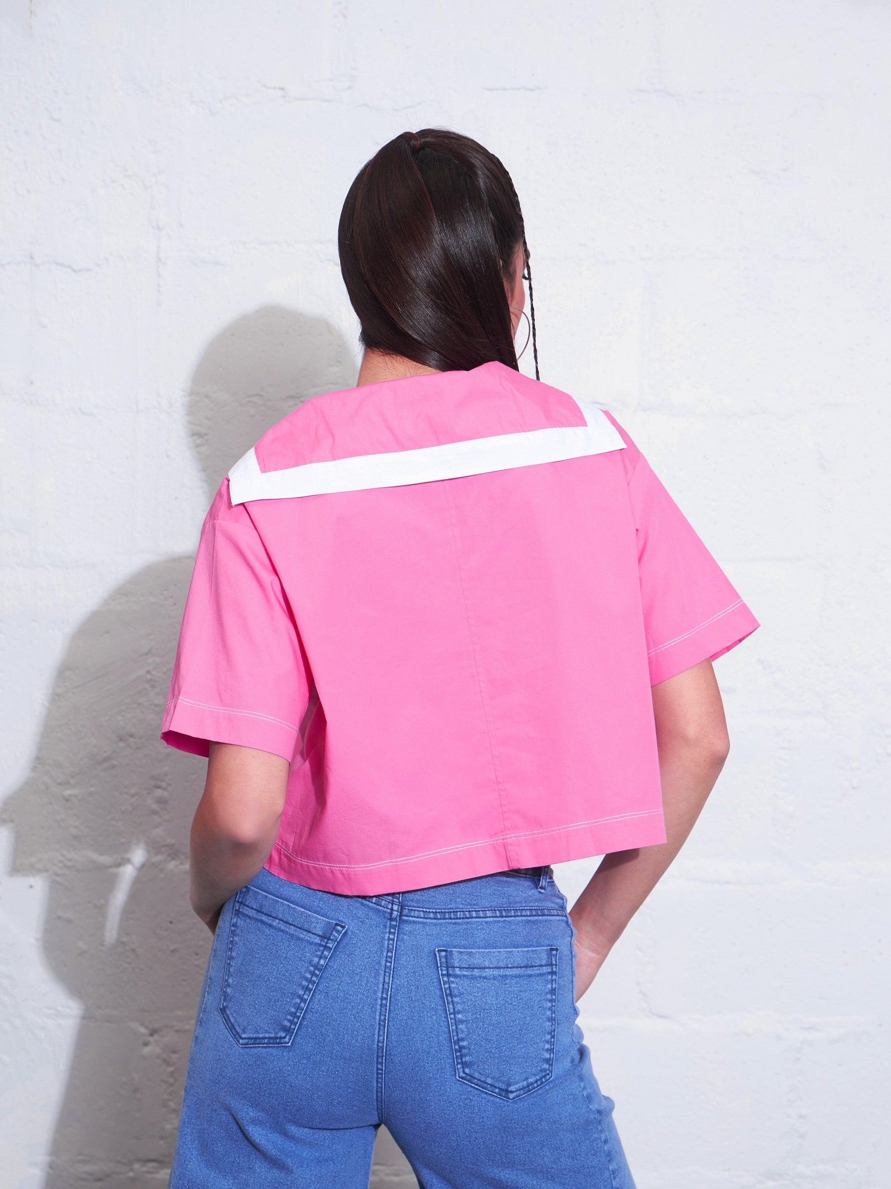 Pink Poplin Sailor Collar Crop Top-SASSAFRAS