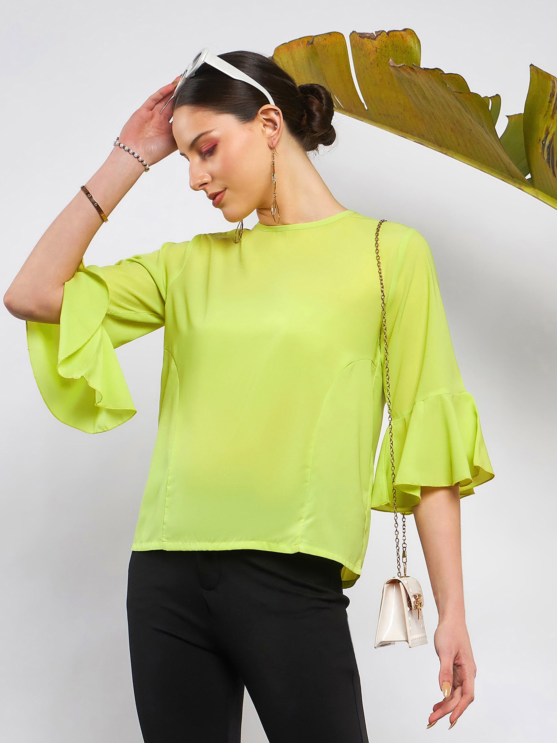 Chartreuse Green Scarf Top Women Lime Green Ruffle Sleeve Top