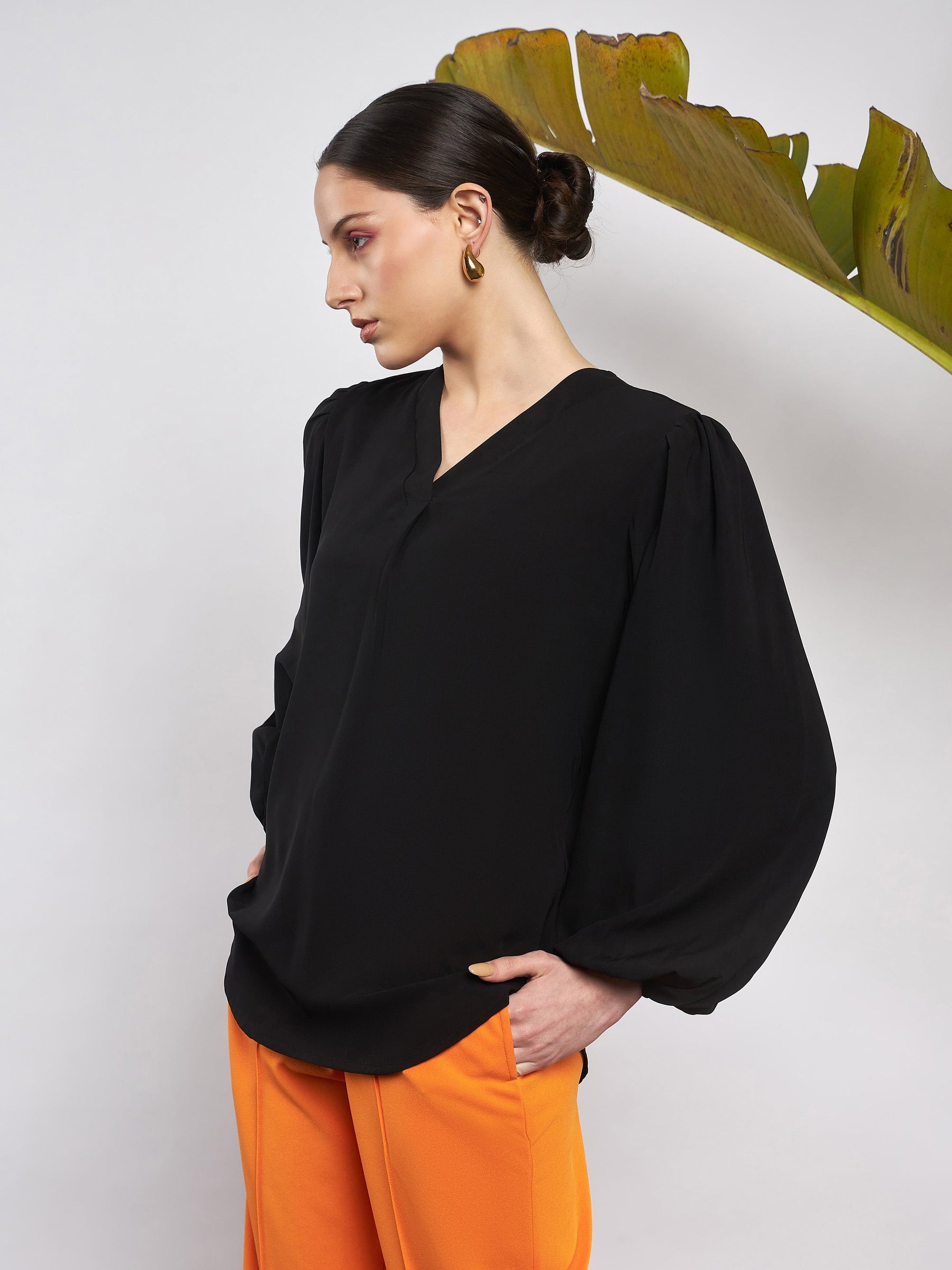 Buy Black Puff Sleeves V-Neck Blouse Online At Best Price
