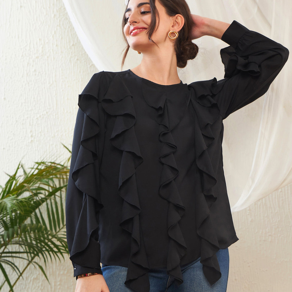 BLACK THEREDTHREAD S DOT FLOW FRILL TOPS Women Black Full