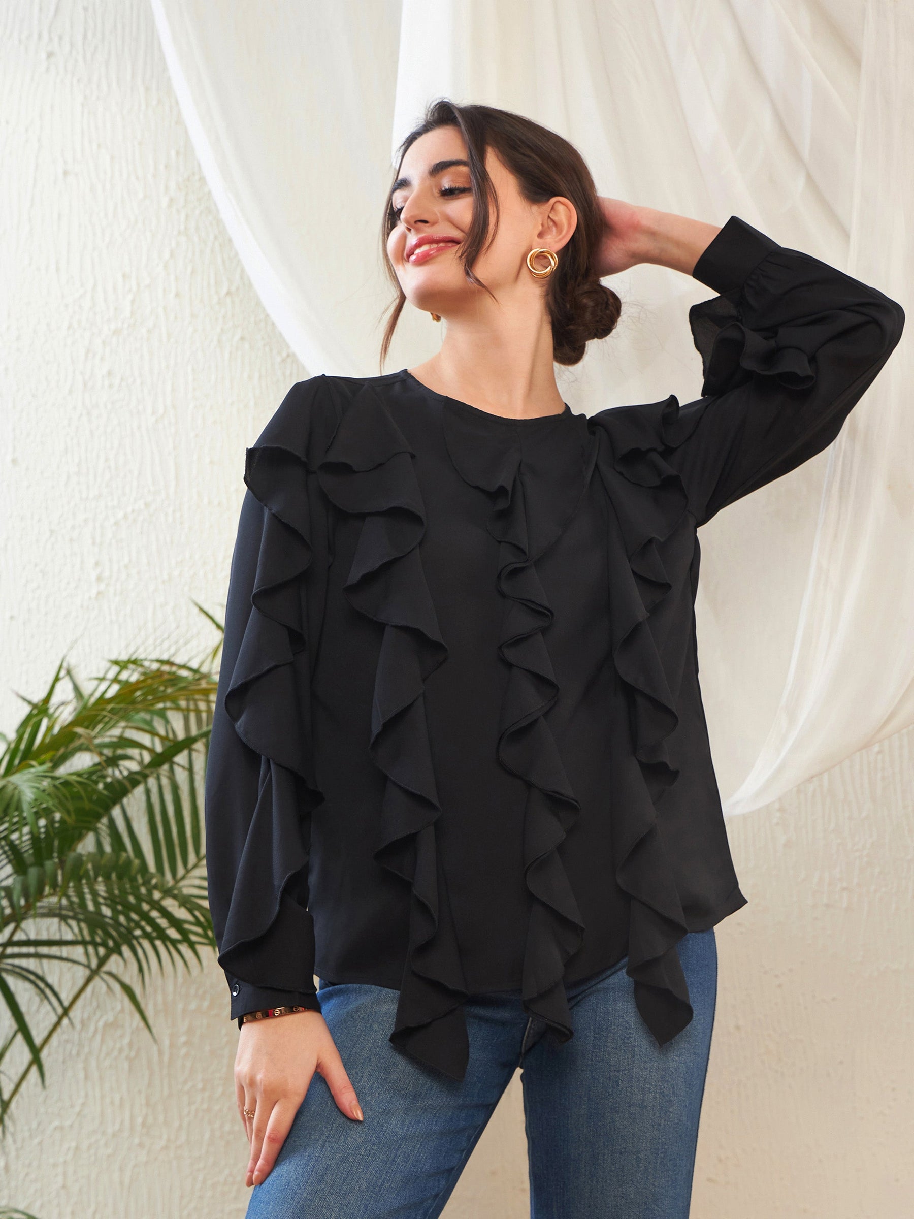 Black Full Sleeves Ruffle Top -SASSAFRAS