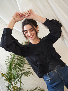 Black Full Sleeves Ruffle Top -SASSAFRAS