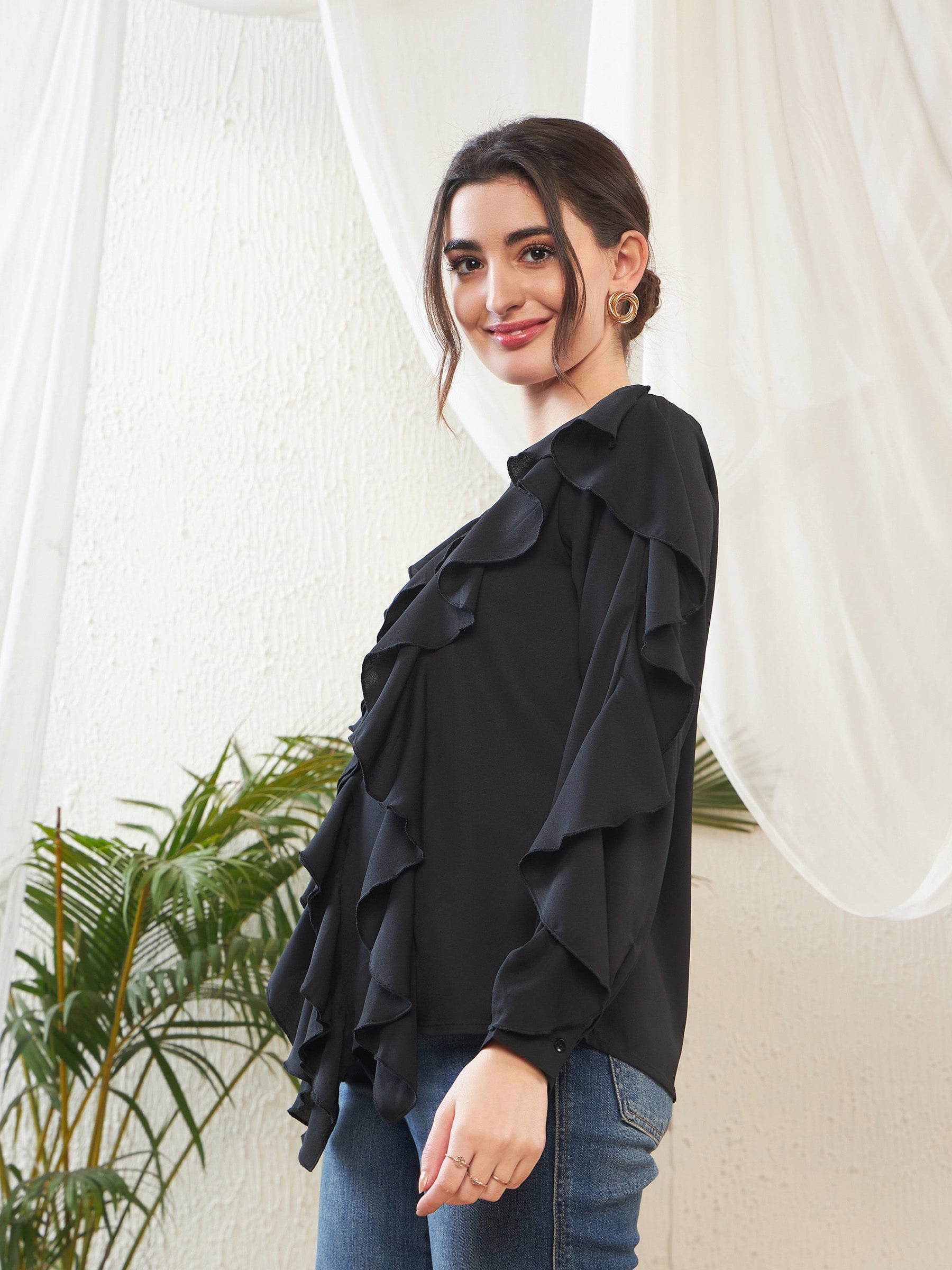 Black Full Sleeves Ruffle Top -SASSAFRAS