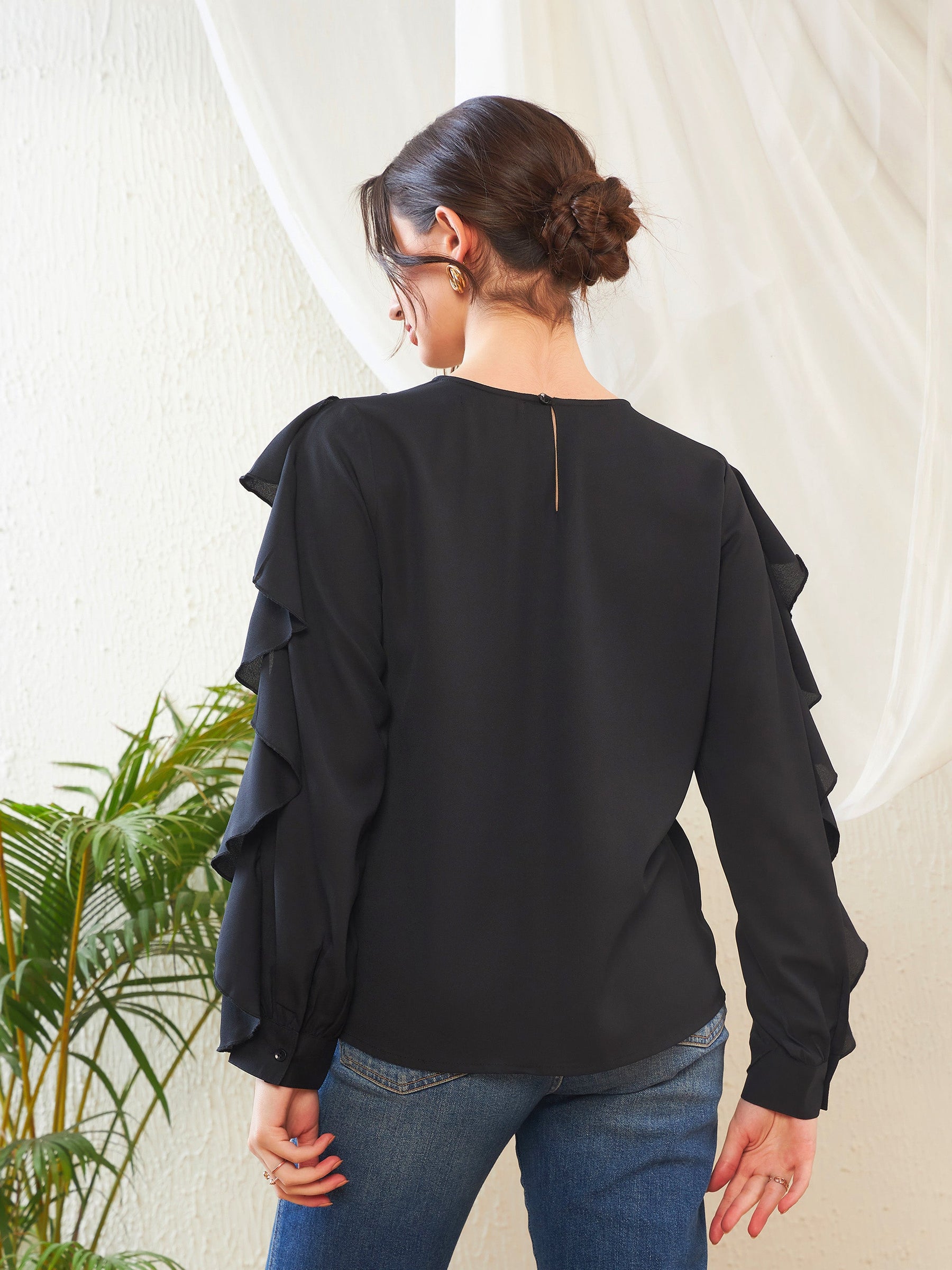 Black Full Sleeves Ruffle Top -SASSAFRAS