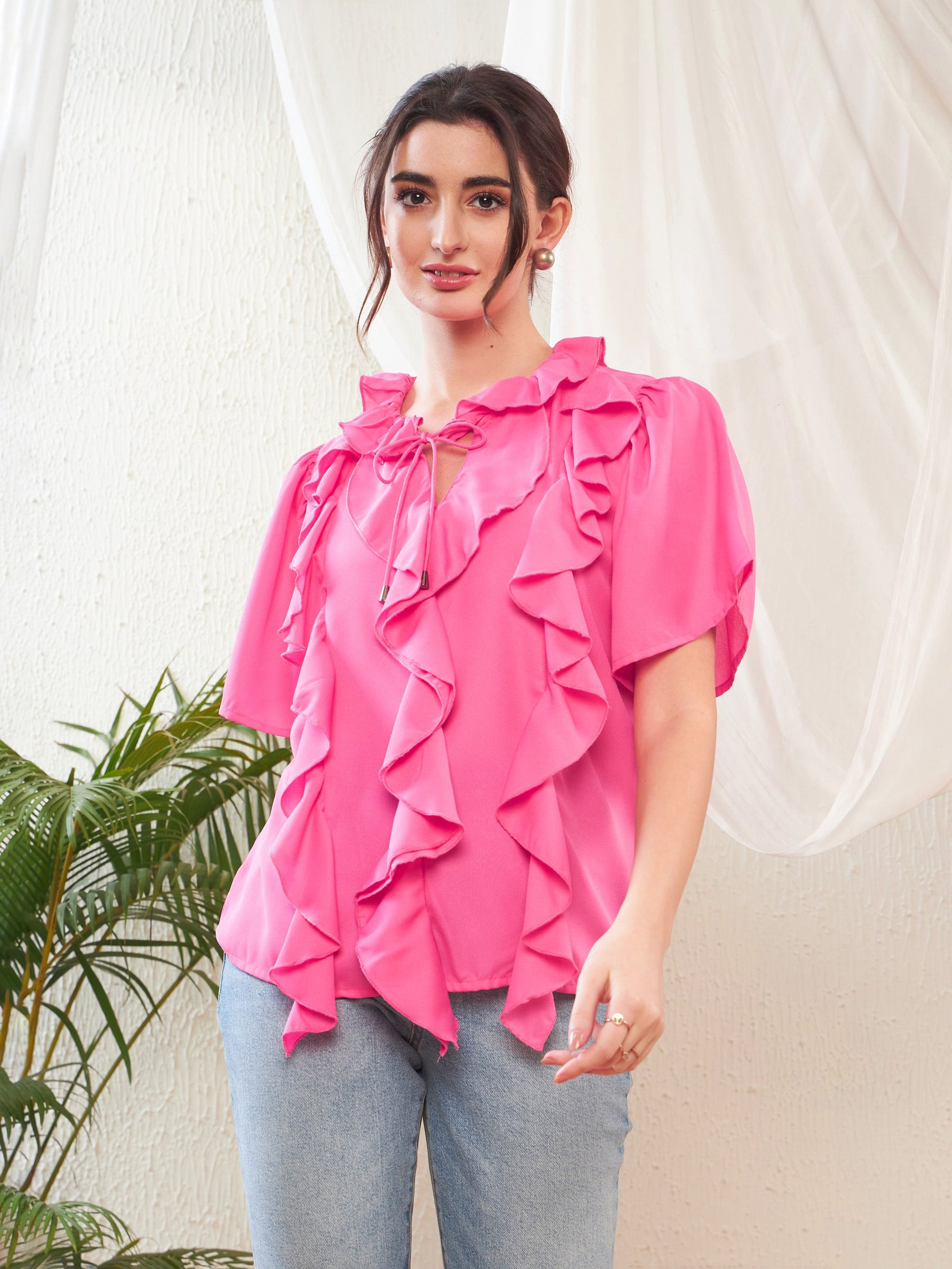 Ladies Tops Ruffle Tops Online Women Pink Short Sleeves Ruffle Top