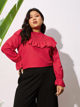 Red Smocking Detail Frill Top-SASSAFRAS Curve