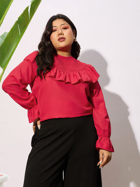 Red Smocking Detail Frill Top-SASSAFRAS Curve