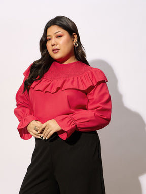 Red Smocking Detail Frill Top-SASSAFRAS Curve