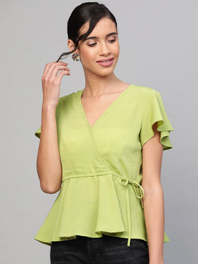 Mint Green Wrap Peplum Top-Tops-SASSAFRAS