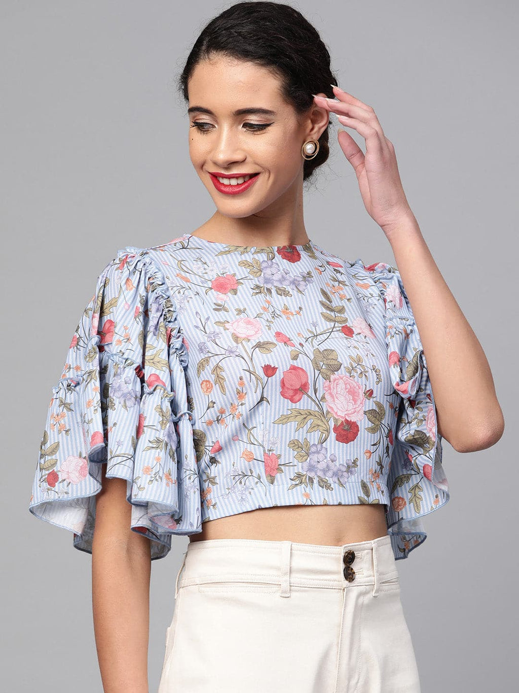 Buy Women Blue Striped Floral Flare Sleeve Crop Top Online At Best