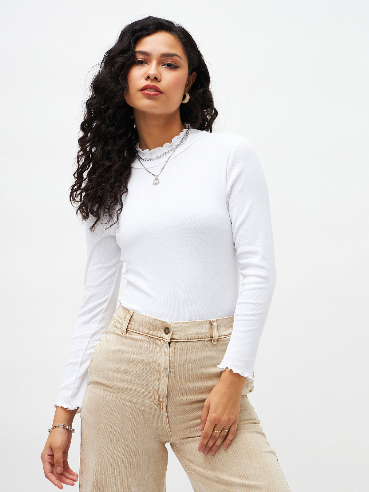 White Rib High Neck Full Sleeve Top -SASSAFRAS