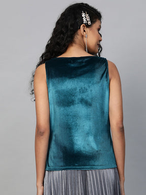 Teal Velvet Cowl Neck Top