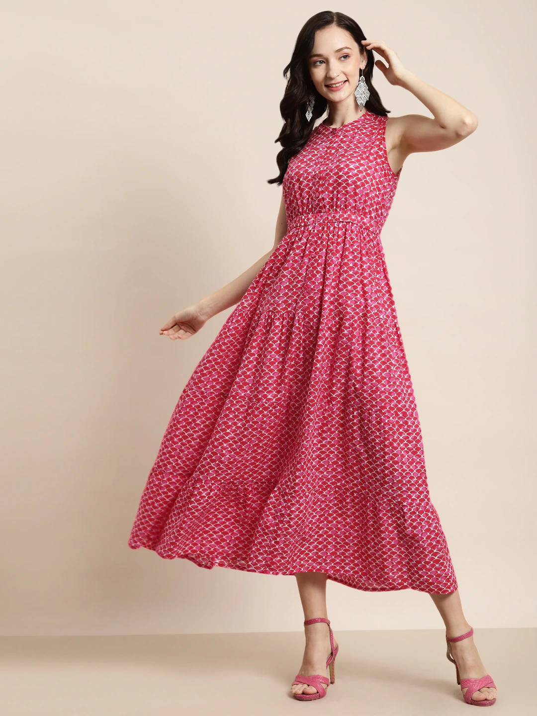 Pink Geo Print Sleeveless Tiered Maxi-Dress-SASSAFRAS