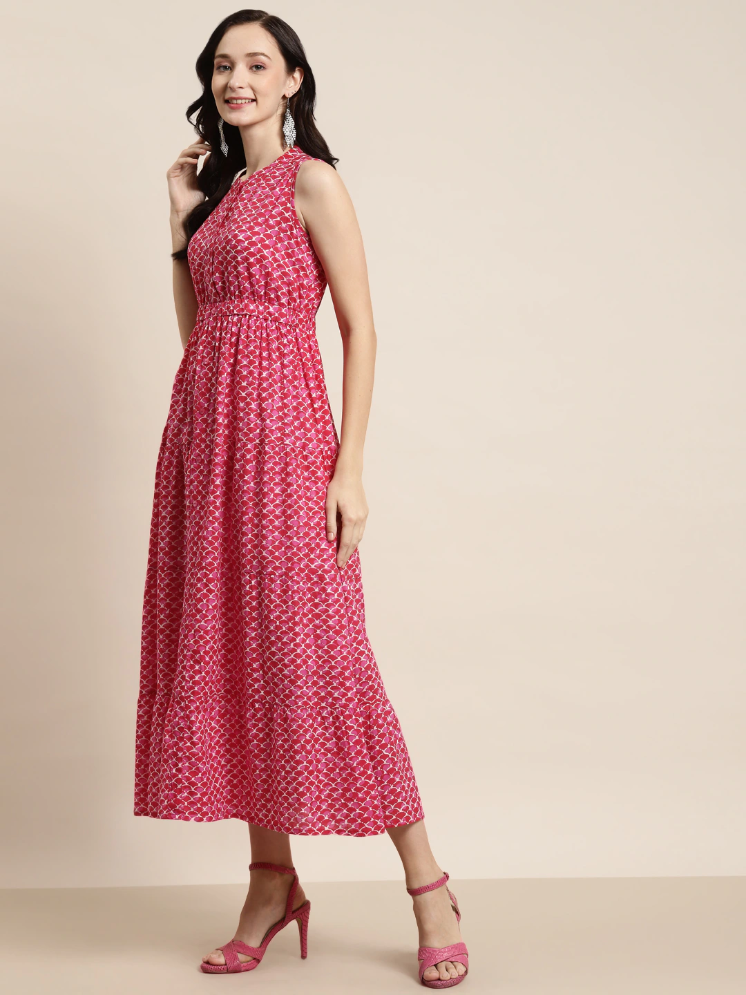 Pink Geo Print Sleeveless Tiered Maxi