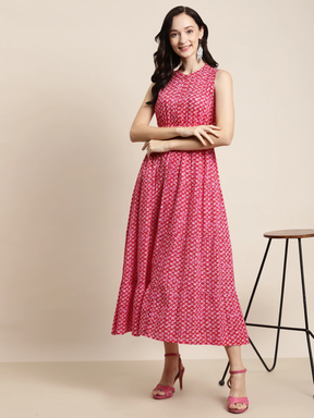 Pink Geo Print Sleeveless Tiered Maxi