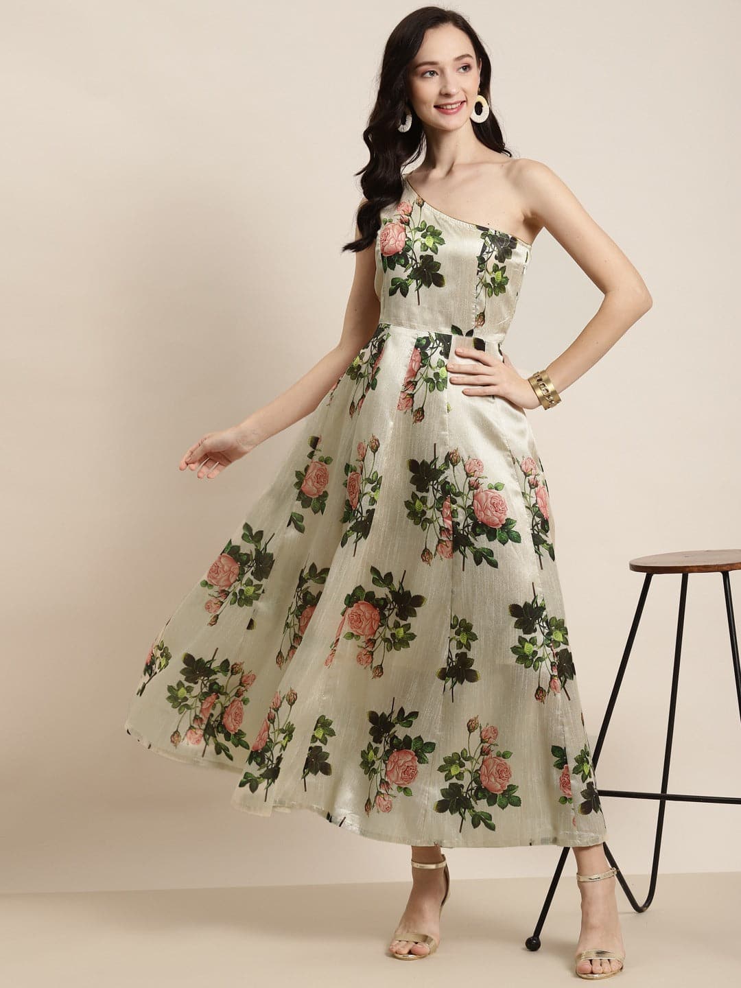 Beige Floral One Shoulder Anarkali Maxi-Dress-SASSAFRAS