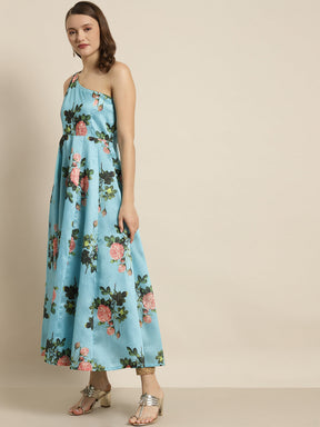 Turquoise Floral One Shoulder Anarkali Maxi