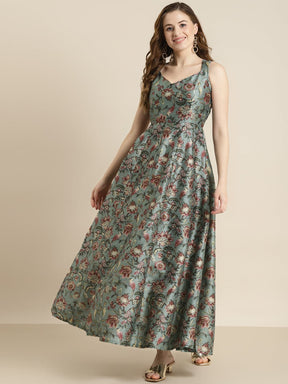 Olive Floral Sweetheart Anarkali Maxi Dress-Dress-SASSAFRAS