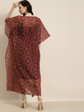 Women Maroon Patola Kaftan With Slip