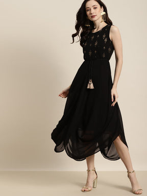 Women Black Sleeveless Foil Dhoti Dress-Dress-SASSAFRAS