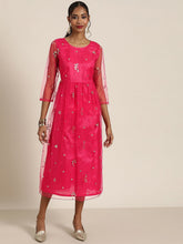 Women Fuchsia Tulle Sequins Gathered Dress-Dress-SASSAFRAS
