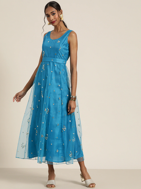 Women Teal Tulle Sequins Sleeveless Anarkali Maxi-Dress-SASSAFRAS