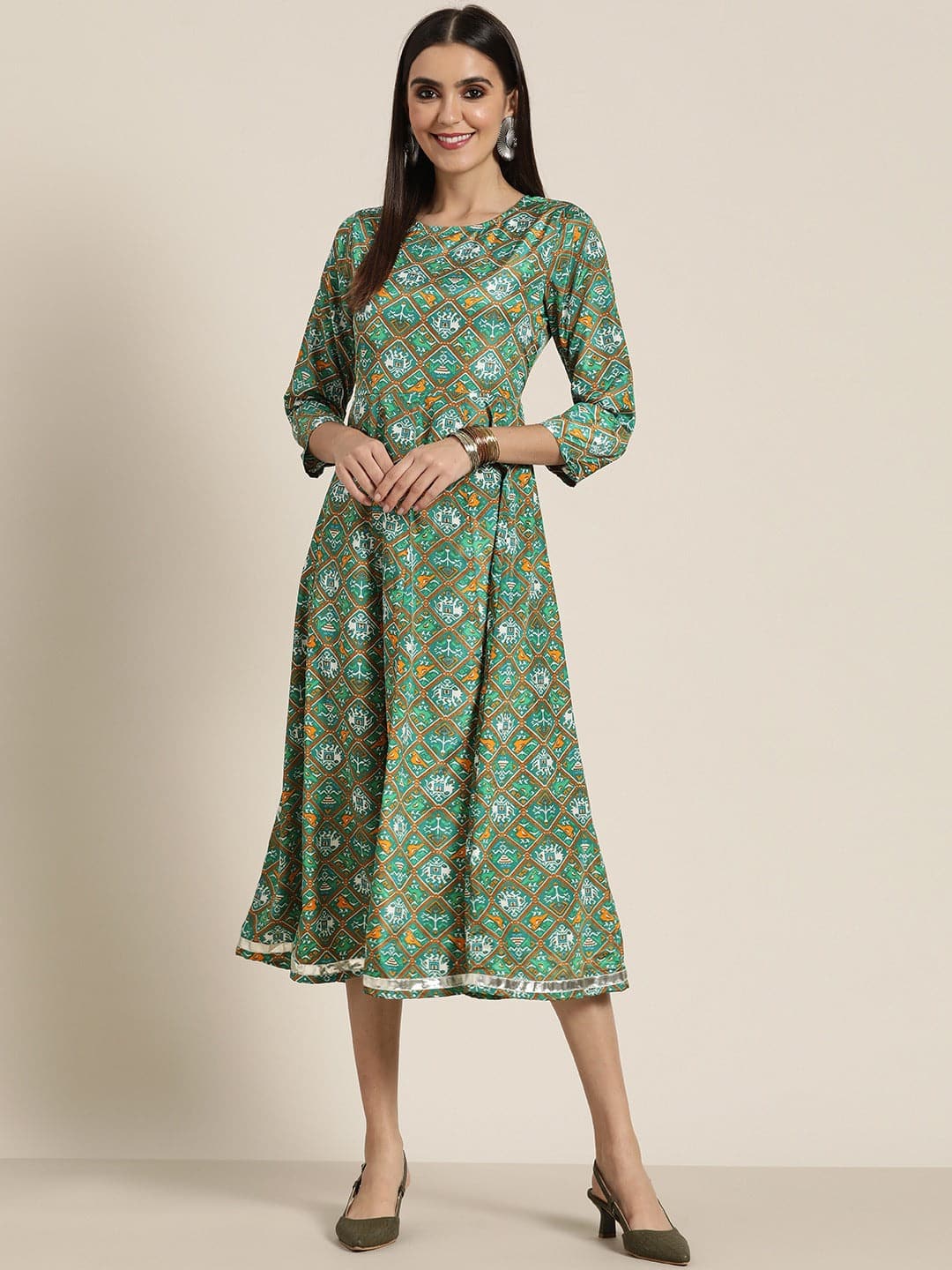 Women Green Patola Anarakali Dress-Dress-SASSAFRAS