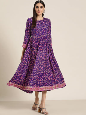 Women Purple Floral Anarkali Dress-Dress-SASSAFRAS