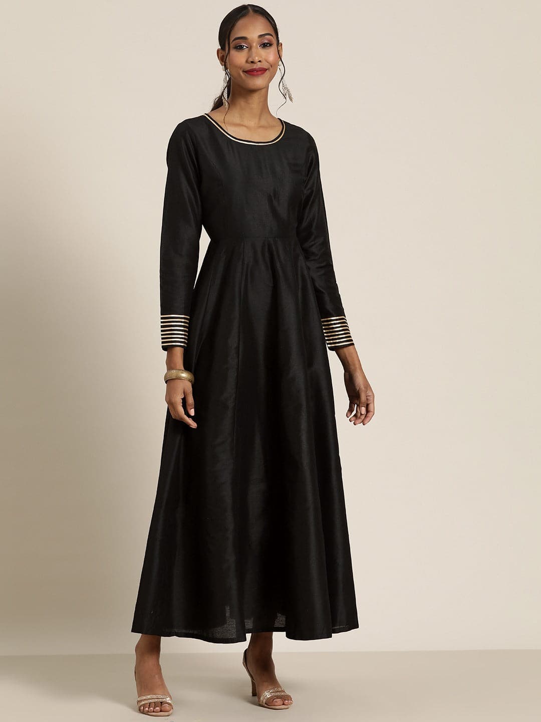 Women Black Gota Detail Anarkali Maxi Dress-Dress-SASSAFRAS
