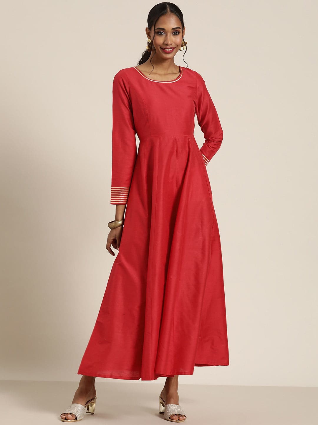 Women Red Gota Detail Anarkali Maxi Dress-Dress-SASSAFRAS
