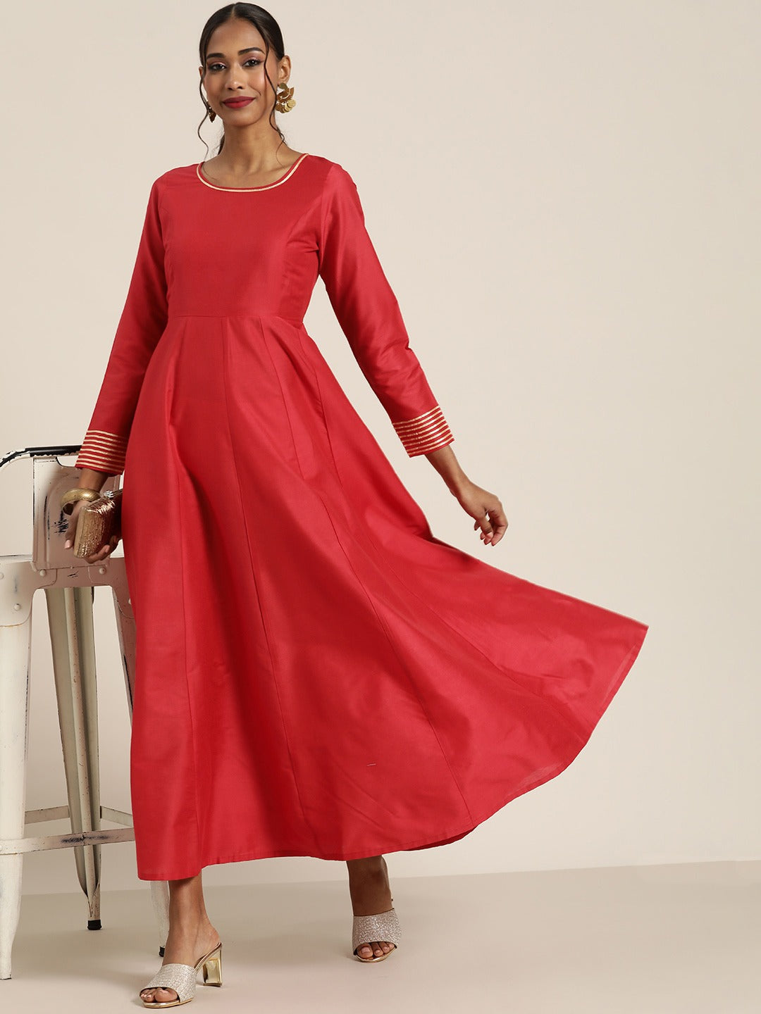 Women Red Gota Detail Anarkali Maxi Dress