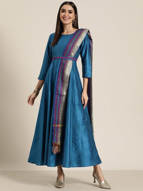 Women Blue Anarkali Maxi With Purple Striped Dupatta-Dress-SASSAFRAS