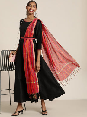 Women Black Anarkali Maxi With Red Striped Dupatta-Dress-SASSAFRAS