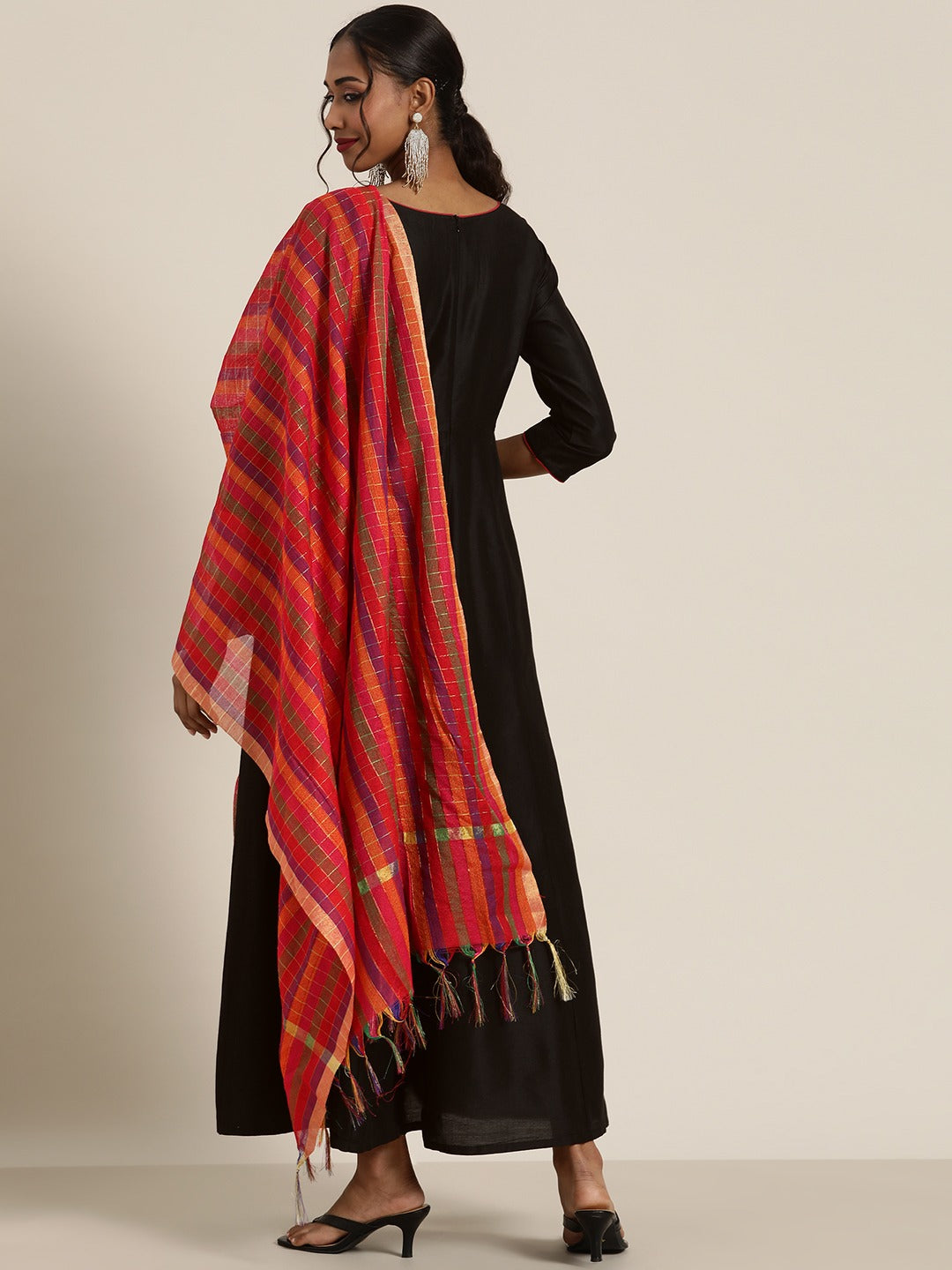 Women Black Anarkali Maxi With Red Striped Dupatta