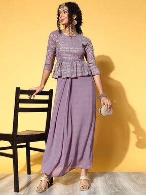 Women Purple Shloka Foil Print Peplum Dress-Dress-SASSAFRAS