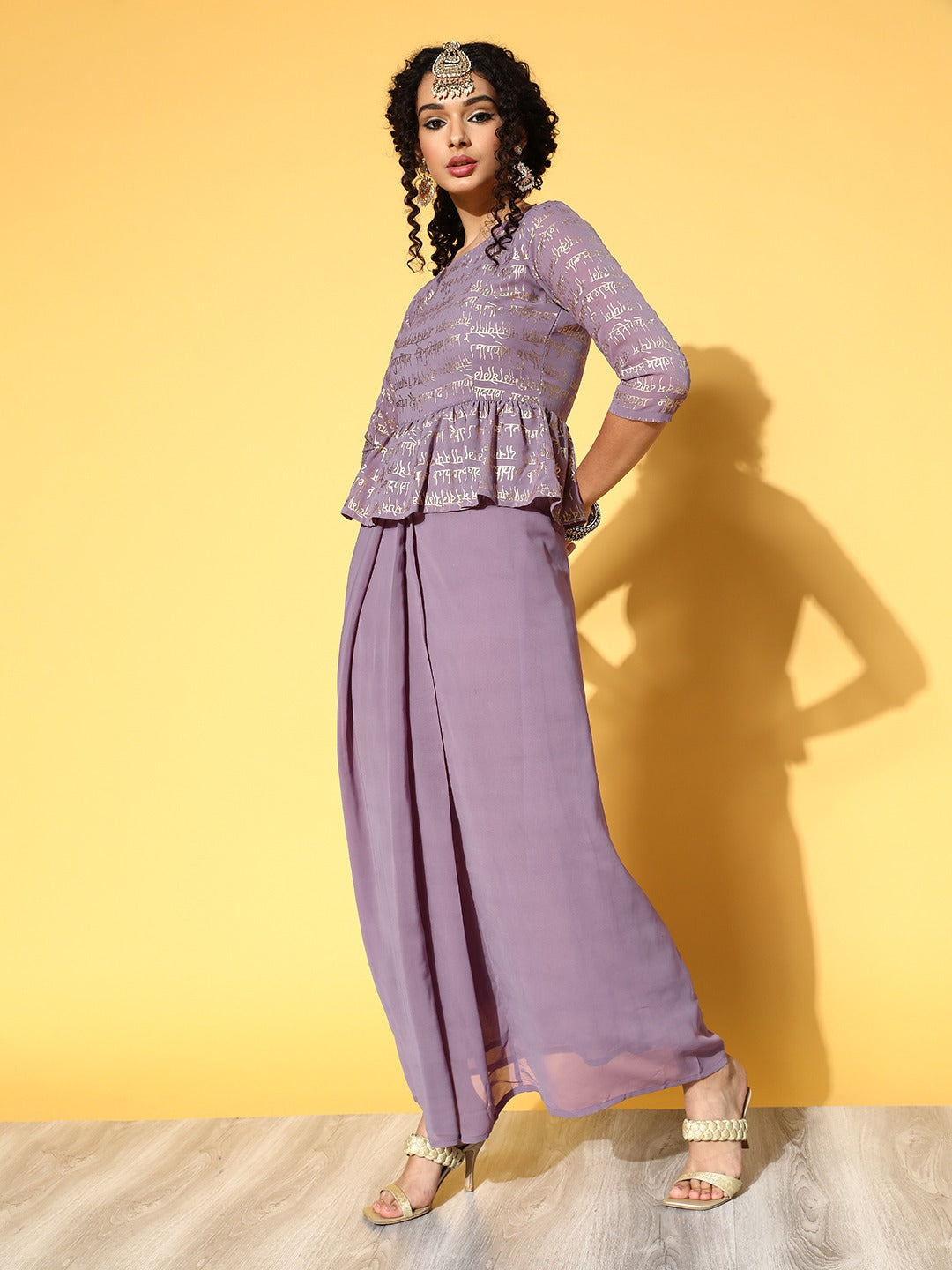 Women Purple Shloka Foil Print Peplum Dress