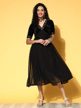 Women Black Embroidered V-Neck Anarkali Dress-Dress-SASSAFRAS