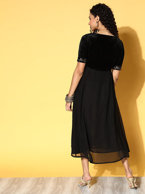 Women Black Embroidered V-Neck Anarkali Dress