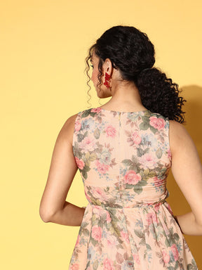 Women Beige Floral Side Cut Out Anarkali Dress