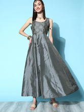 Women Grey Brocade Jacquard Sleeveless Anarkali Dress-Dress-SASSAFRAS