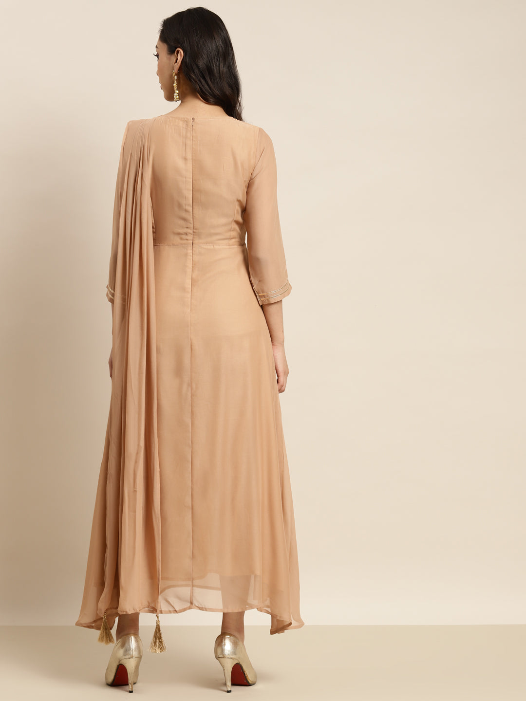 Women Brown Embroidered Belt Dupatta Dress