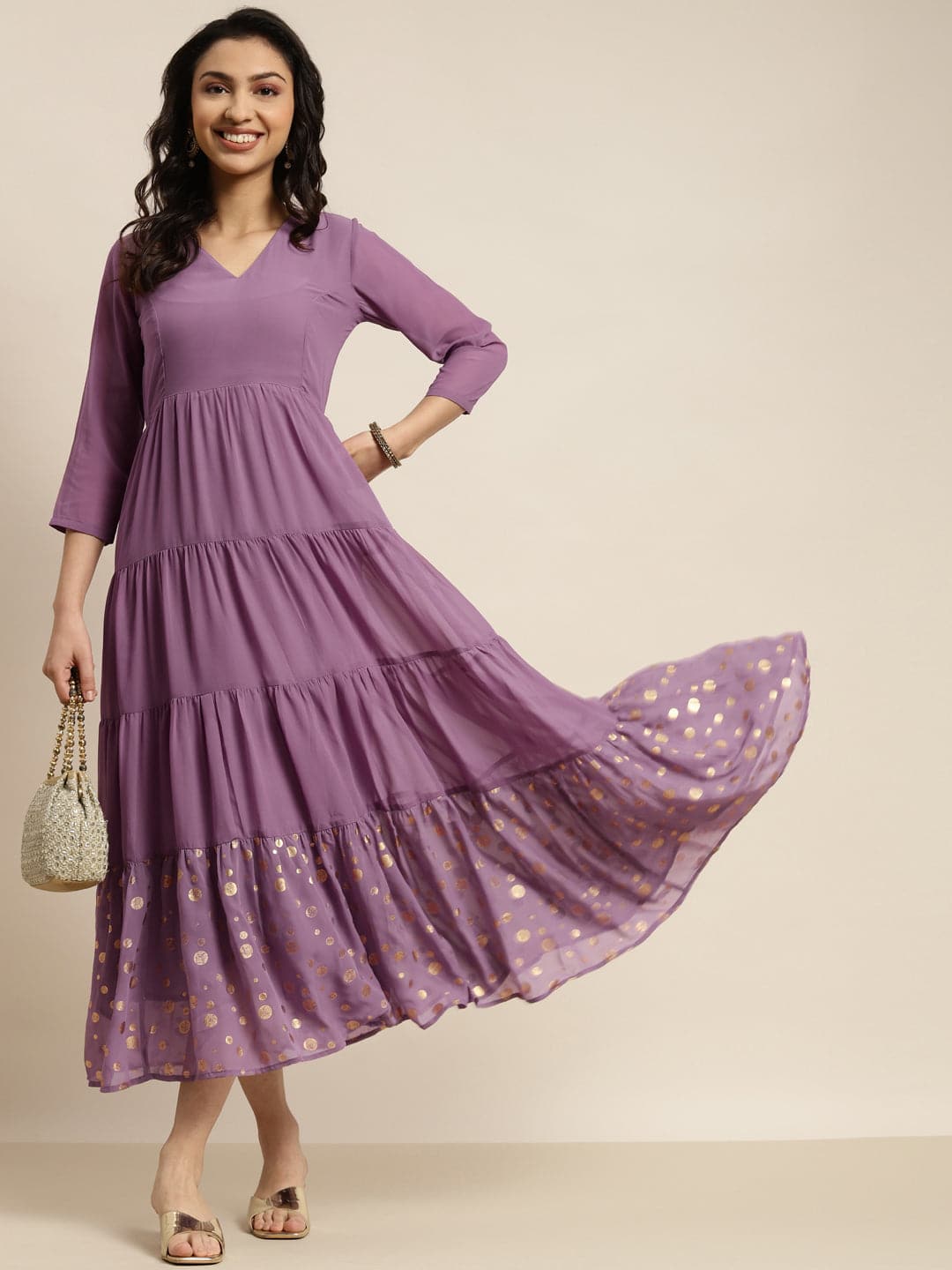 Women Purple Foil Print Tiered Maxi Dress-Dress-SASSAFRAS