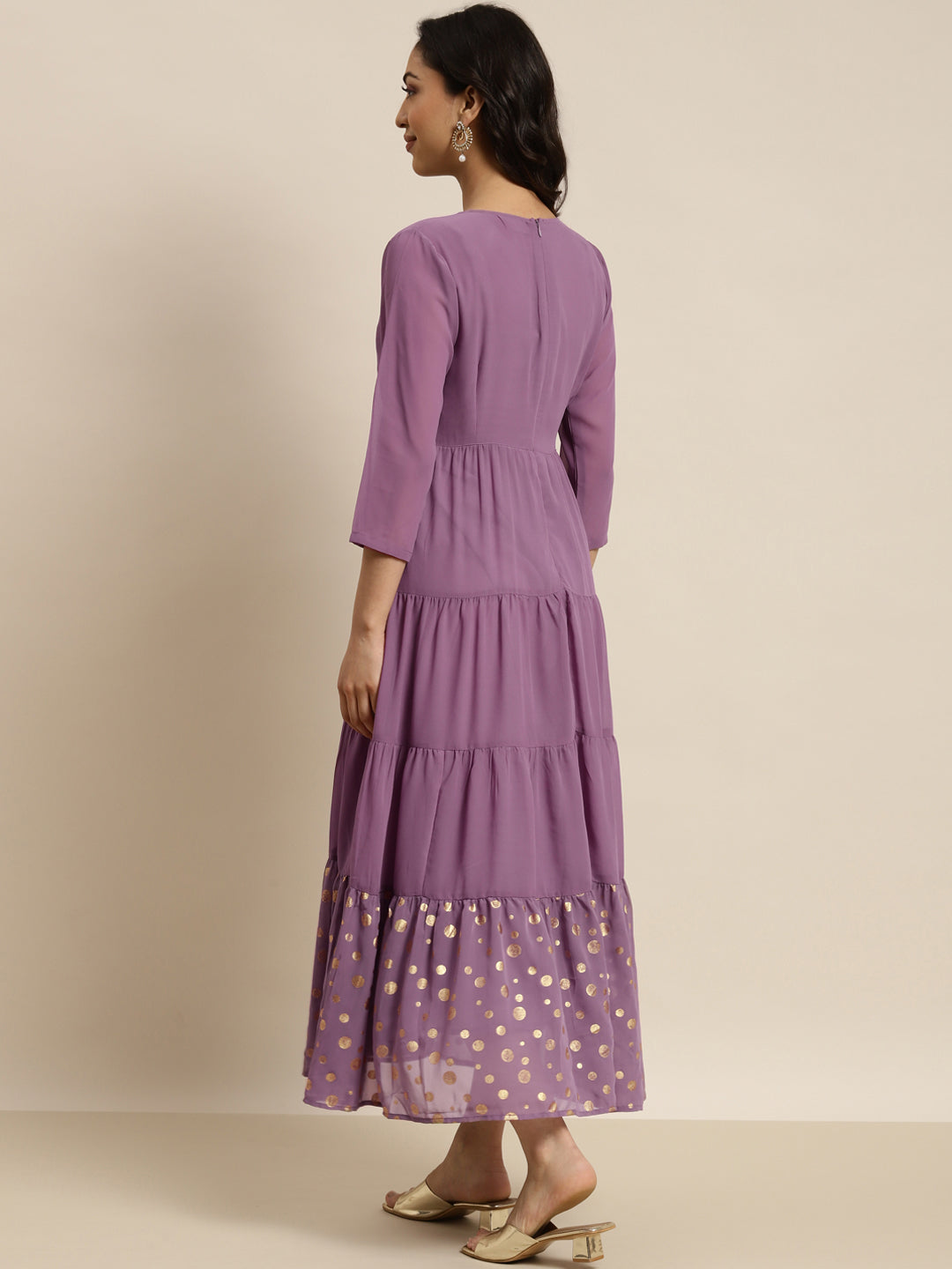 Women Purple Foil Print Tiered Maxi Dress