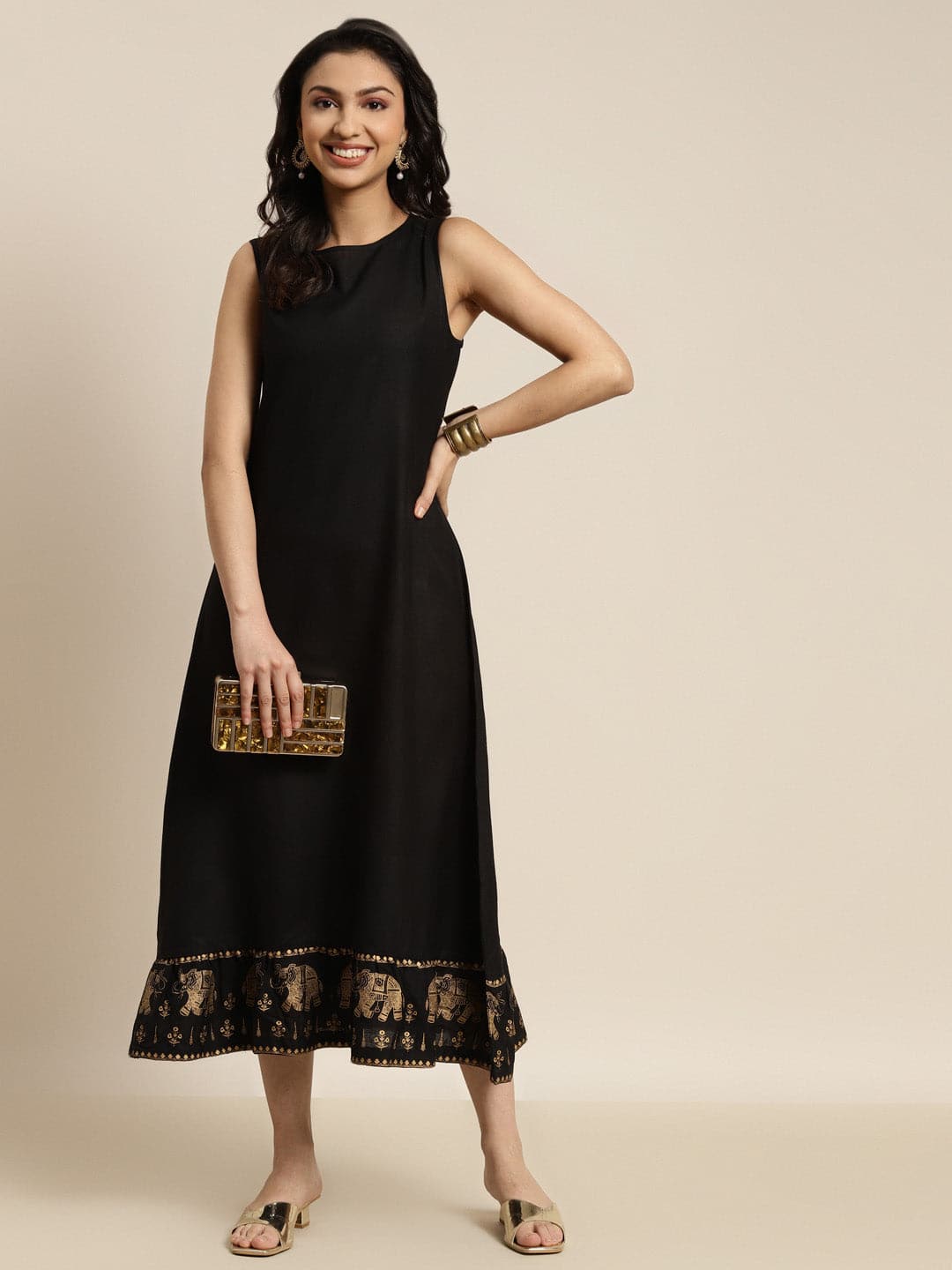Women Black Elephant Border Foil Print Dress-Dress-SASSAFRAS
