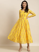 Women Yellow Floral Aanrkali Dress-Dress-SASSAFRAS