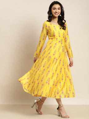 Women Yellow Floral Aanrkali Dress